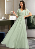 Nylah A-Line V-neck Floor-Length Bridesmaid Dress With Ruffle STKP0012940