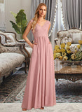 Sophia A-Line V-neck Floor-Length Bridesmaid Dress With Split Front Pockets STKP0012943