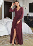 Gracelyn A-Line V-neck Asymmetrical Bridesmaid Dress With Ruffle Split Front STKP0012945