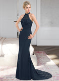 Sal Trumpet/Mermaid High Neck Sweep Train Chiffon Lace Bridesmaid Dress STKP0012946