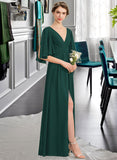 Nancy A-Line V-neck Floor-Length Chiffon Bridesmaid Dress With Ruffle Bow(s) Split Front STKP0012948