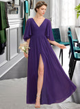 Nancy A-Line V-neck Floor-Length Chiffon Bridesmaid Dress With Ruffle Bow(s) Split Front STKP0012948