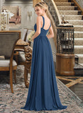 Jode A-line V-Neck Sweep Train Chiffon Bridesmaid Dress With Ruffle STKP0012949