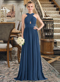 Jode A-line V-Neck Sweep Train Chiffon Bridesmaid Dress With Ruffle STKP0012949