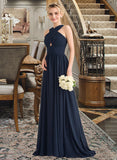 Jode A-line V-Neck Sweep Train Chiffon Bridesmaid Dress With Ruffle STKP0012949