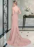 Gia Trumpet/Mermaid Off the Shoulder Court Train Chiffon Lace Bridesmaid Dress With Sequins STKP0012955