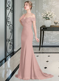 Gia Trumpet/Mermaid Off the Shoulder Court Train Chiffon Lace Bridesmaid Dress With Sequins STKP0012955