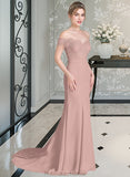 Gia Trumpet/Mermaid Off the Shoulder Court Train Chiffon Lace Bridesmaid Dress With Sequins STKP0012955