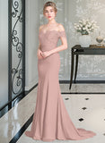 Gia Trumpet/Mermaid Off the Shoulder Court Train Chiffon Lace Bridesmaid Dress With Sequins STKP0012955