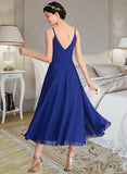 Danna A-Line V-neck Tea-Length Chiffon Bridesmaid Dress With Ruffle Bow(s) STKP0012958