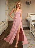 Kate A-Line V-neck Floor-Length Bridesmaid Dress With Split Front STKP0012959