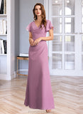 Grace Sheath/Column V-neck Floor-Length Bridesmaid Dress With Ruffle STKP0012960