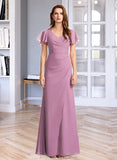 Grace Sheath/Column V-neck Floor-Length Bridesmaid Dress With Ruffle STKP0012960