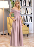 Presley A-Line Off-the-Shoulder Floor-Length Satin Bridesmaid Dress With Pockets STKP0012961