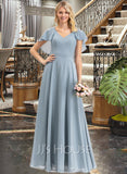 Haylee A-line V-Neck Floor-Length Chiffon Bridesmaid Dress With Cascading Ruffles STKP0012962