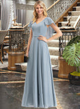 Haylee A-line V-Neck Floor-Length Chiffon Bridesmaid Dress With Cascading Ruffles STKP0012962