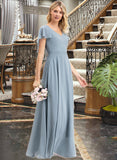 Haylee A-line V-Neck Floor-Length Chiffon Bridesmaid Dress With Cascading Ruffles STKP0012962