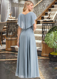 Haylee A-line V-Neck Floor-Length Chiffon Bridesmaid Dress With Cascading Ruffles STKP0012962