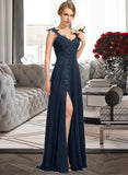 Isabell A-Line Sweetheart Floor-Length Chiffon Lace Bridesmaid Dress With Beading Split Front STKP0012963