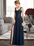 Isabell A-Line Sweetheart Floor-Length Chiffon Lace Bridesmaid Dress With Beading Split Front STKP0012963