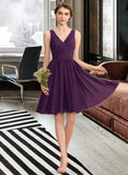 Rachael A-Line V-neck Knee-Length Chiffon Lace Bridesmaid Dress With Ruffle STKP0012964