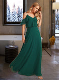 Jade A-Line V-neck Floor-Length Bridesmaid Dress With Ruffle STKP0012970