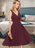 Hana A-Line V-neck Knee-Length Chiffon Bridesmaid Dress With Ruffle STKP0012973