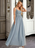 Maddison A-Line V-neck Floor-Length Bridesmaid Dress With Ruffle STKP0012977