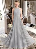 Celia A-Line Scoop Neck Floor-Length Chiffon Lace Bridesmaid Dress With Pleated STKP0012980