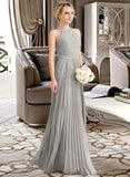 Celia A-Line Scoop Neck Floor-Length Chiffon Lace Bridesmaid Dress With Pleated STKP0012980