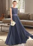 Aryana A-Line Scoop Neck Floor-Length Chiffon Lace Bridesmaid Dress With Bow(s) STKP0012984