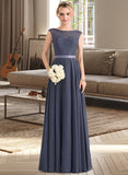 Aryana A-Line Scoop Neck Floor-Length Chiffon Lace Bridesmaid Dress With Bow(s) STKP0012984