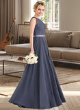 Aryana A-Line Scoop Neck Floor-Length Chiffon Lace Bridesmaid Dress With Bow(s) STKP0012984