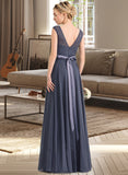 Aryana A-Line Scoop Neck Floor-Length Chiffon Lace Bridesmaid Dress With Bow(s) STKP0012984