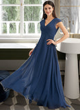 Kelsie A-Line V-neck Floor-Length Bridesmaid Dress With Ruffle STKP0012986