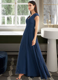 Kelsie A-Line V-neck Floor-Length Bridesmaid Dress With Ruffle STKP0012986