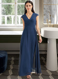 Kelsie A-Line V-neck Floor-Length Bridesmaid Dress With Ruffle STKP0012986