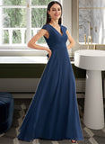 Kelsie A-Line V-neck Floor-Length Bridesmaid Dress With Ruffle STKP0012986