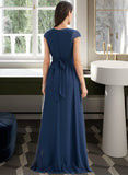 Kelsie A-Line V-neck Floor-Length Bridesmaid Dress With Ruffle STKP0012986