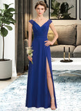 Mckenna A-Line V-neck Floor-Length Chiffon Lace Bridesmaid Dress With Ruffle Split Front STKP0012988