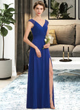 Mckenna A-Line V-neck Floor-Length Chiffon Lace Bridesmaid Dress With Ruffle Split Front STKP0012988