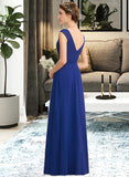 Mckenna A-Line V-neck Floor-Length Chiffon Lace Bridesmaid Dress With Ruffle Split Front STKP0012988