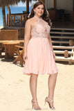 Leia A-line Halter Knee-Length Chiffon Homecoming Dress With Beading STKP0020541