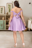 Ellie A-line Off the Shoulder Short/Mini Satin Homecoming Dress With Bow STKP0020568