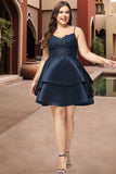 Nova A-line V-Neck Short/Mini Lace Satin Homecoming Dress STKP0020504