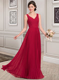 Anastasia A-Line V-neck Floor-Length Chiffon Bridesmaid Dress With Split Front Pleated STKP0013007