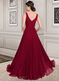 Anastasia A-Line V-neck Floor-Length Chiffon Bridesmaid Dress With Split Front Pleated STKP0013007