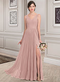 Anastasia A-Line V-neck Floor-Length Chiffon Bridesmaid Dress With Split Front Pleated STKP0013007