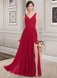 Anastasia A-Line V-neck Floor-Length Chiffon Bridesmaid Dress With Split Front Pleated STKP0013007