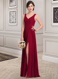 Anastasia A-Line V-neck Floor-Length Chiffon Bridesmaid Dress With Split Front Pleated STKP0013007